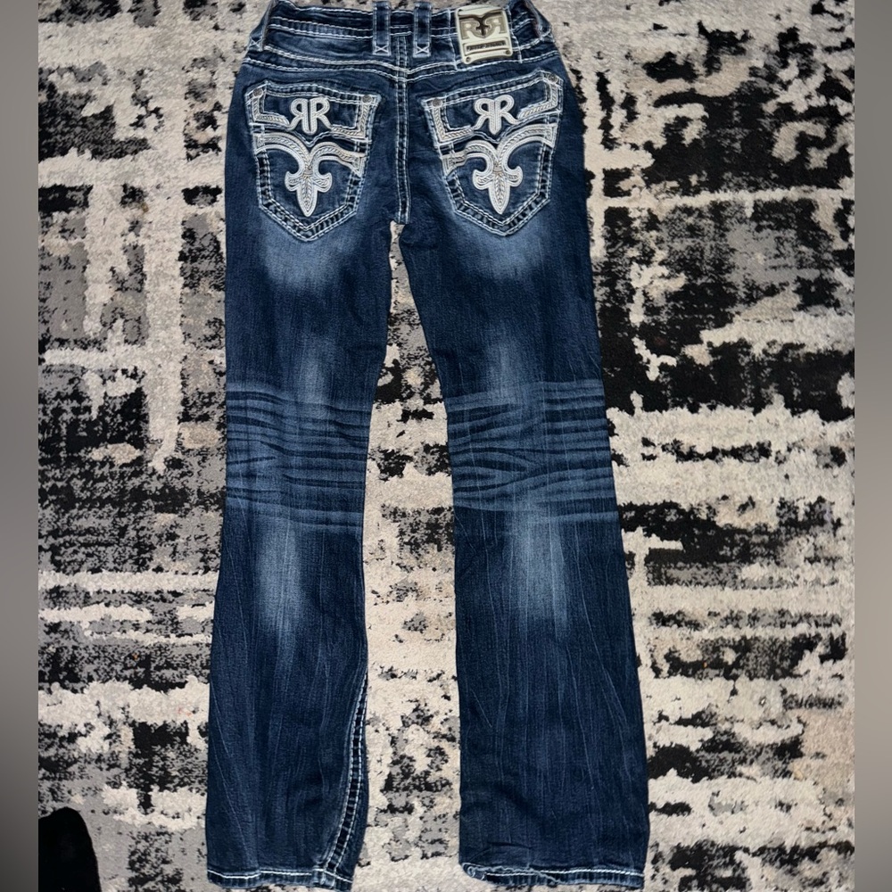 Rock Revival Blue Boot Cut Jeans with Ornate Stitching